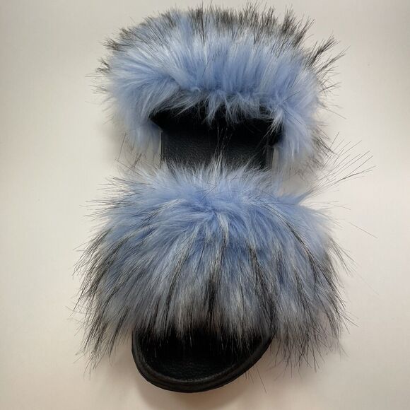 Faux Fox Fur Slides/Slippers Women's US 7.5-8 Light Blue Fuzzy Fluffy Flat Soft - Picture 15 of 15